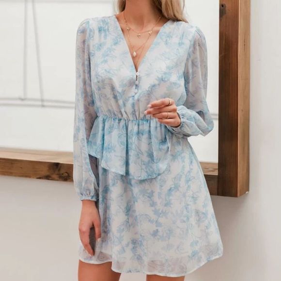 Simplee White & Blue Floral Ruffle Bishop Sleeve Romantic Spring Dress - Picture 10 of 13